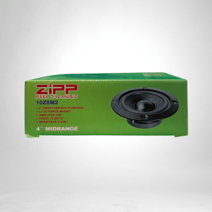 ZIPP 4 inch midrange speaker 10ZSM2 box side showing technical specifications